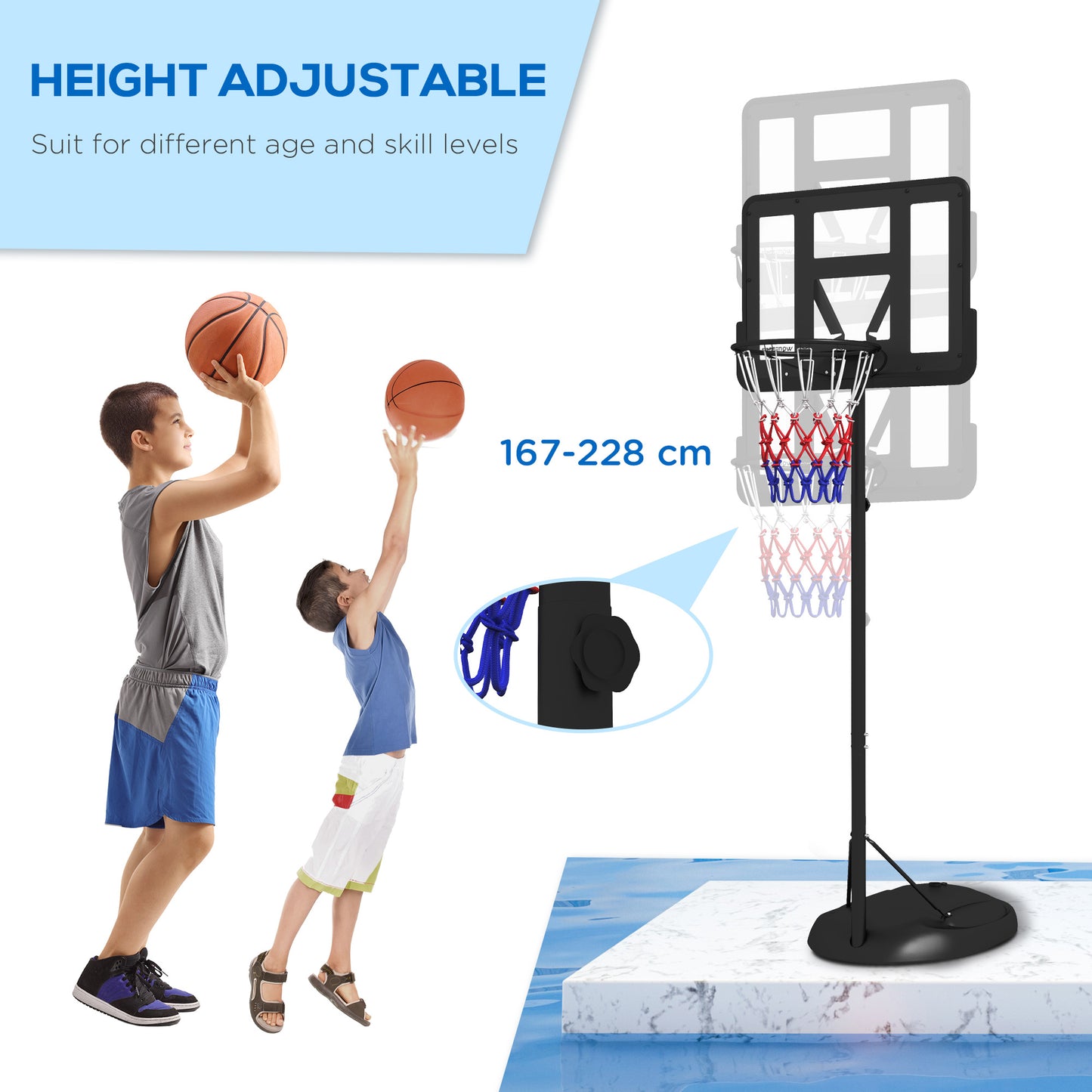 Height Adjustable Basketball System, Freestanding Basketball Hoop and Stand w/ Wheels, 167-228cm | SPORTNOW