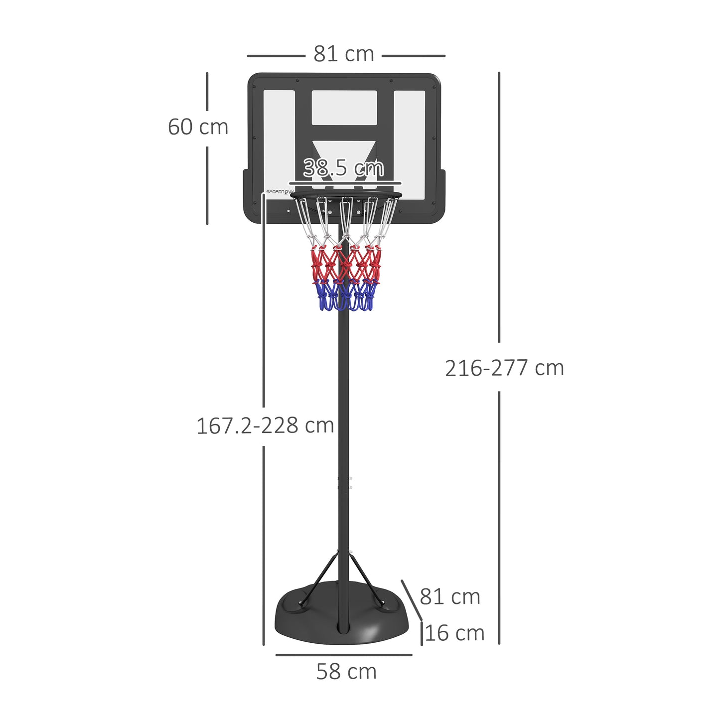 Height Adjustable Basketball System, Freestanding Basketball Hoop and Stand w/ Wheels, 167-228cm | SPORTNOW