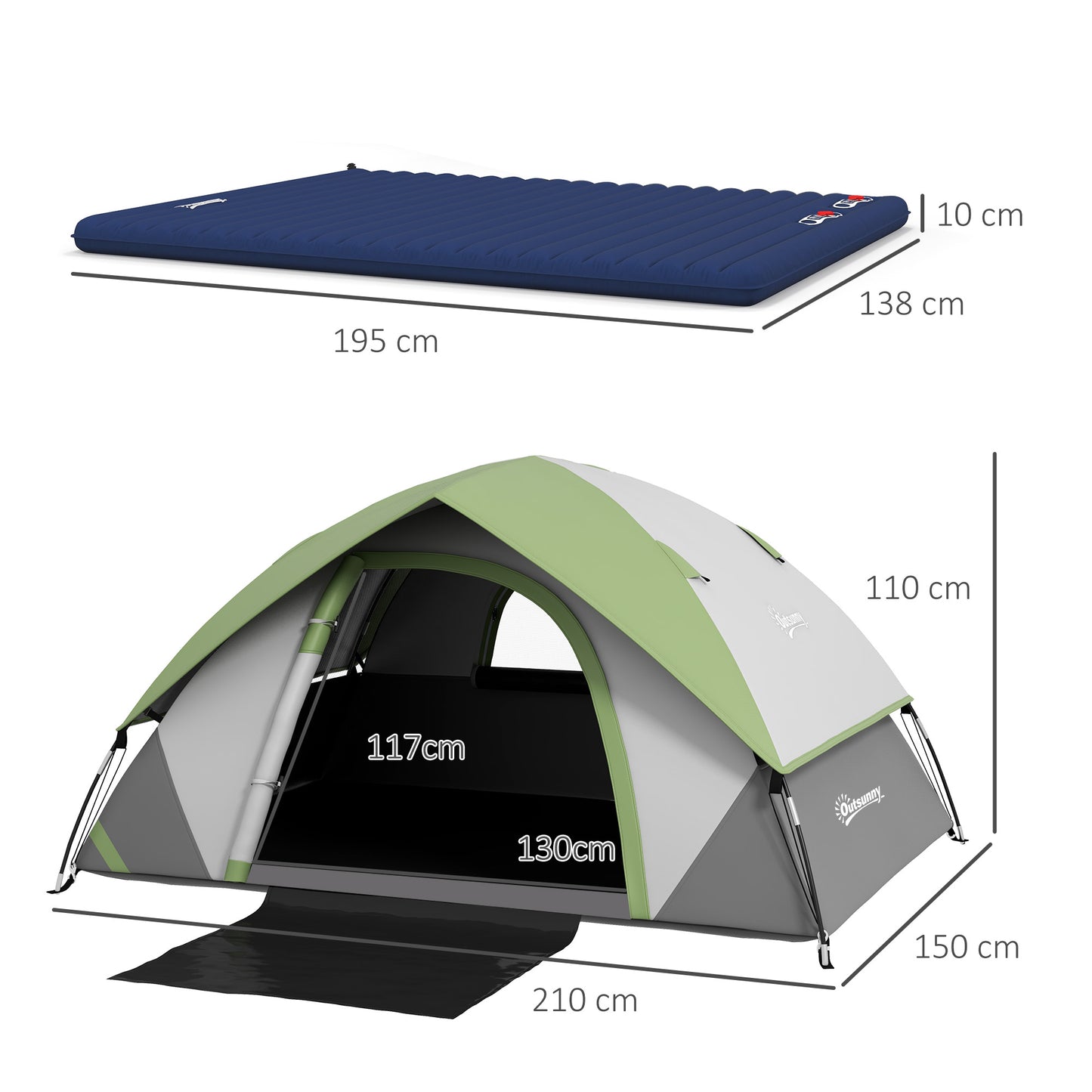 2-3 Man Camping Tent with Inflatable Mattress, Dome Tent with Air Bed & Sewn-in Groundsheet, Portable 3000mm Waterproof Tent by Outsunny